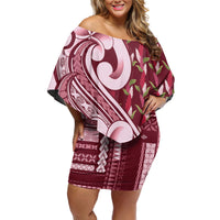Samoa Teuila Family Matching Off Shoulder Short Dress and Hawaiian Shirt Maroon Samoan Siapo Motifs LT05 Mom's Dress Maroon - Polynesian Pride