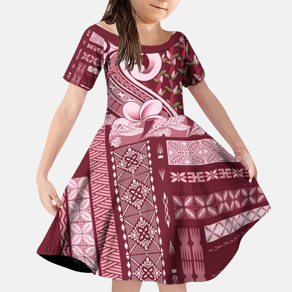 Samoa Teuila Family Matching Puletasi and Hawaiian Shirt Maroon Samoan Siapo Motifs LT05 Daughter's Dress Maroon - Polynesian Pride