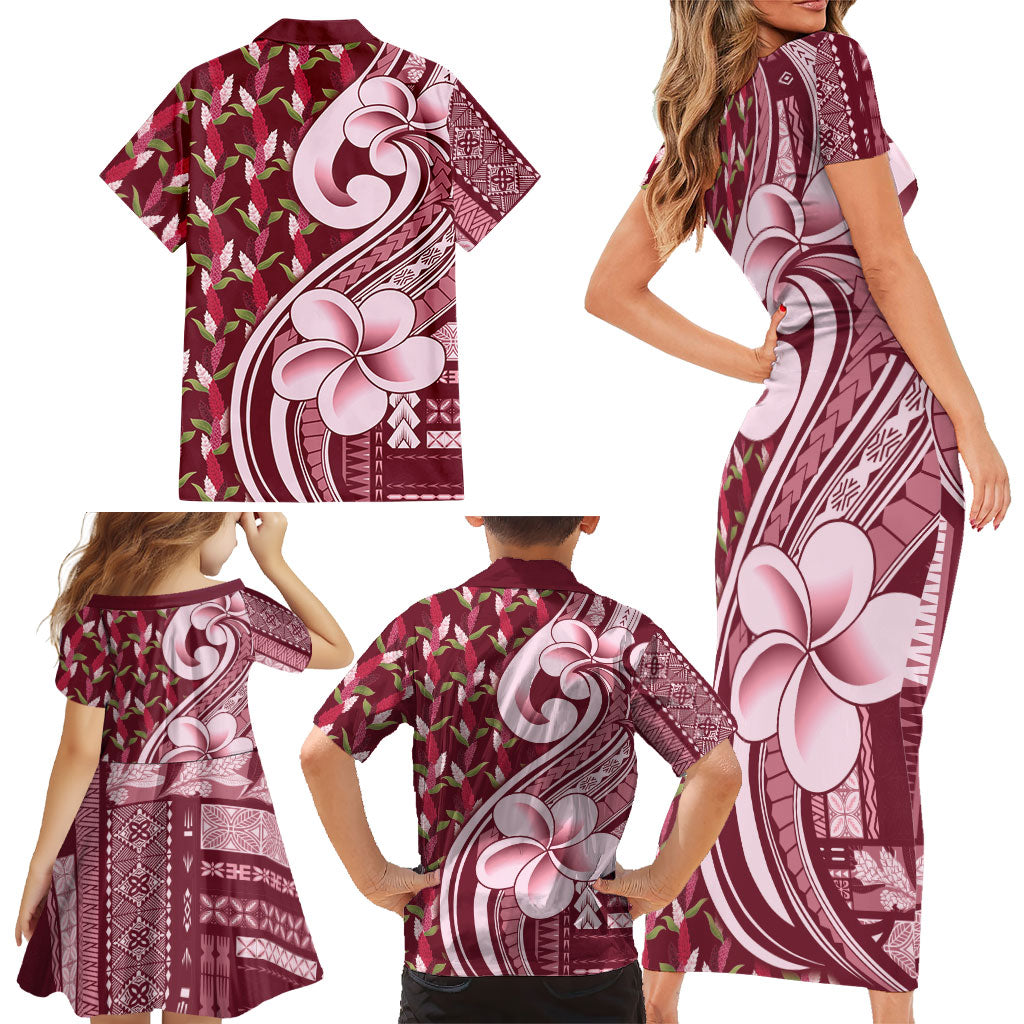 Samoa Teuila Family Matching Short Sleeve Bodycon Dress and Hawaiian Shirt Maroon Samoan Siapo Motifs LT05 - Polynesian Pride