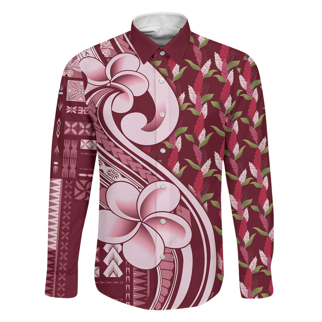 Samoa Teuila Family Matching Short Sleeve Bodycon Dress and Hawaiian Shirt Maroon Samoan Siapo Motifs LT05 Dad's Shirt - Long Sleeve Maroon - Polynesian Pride
