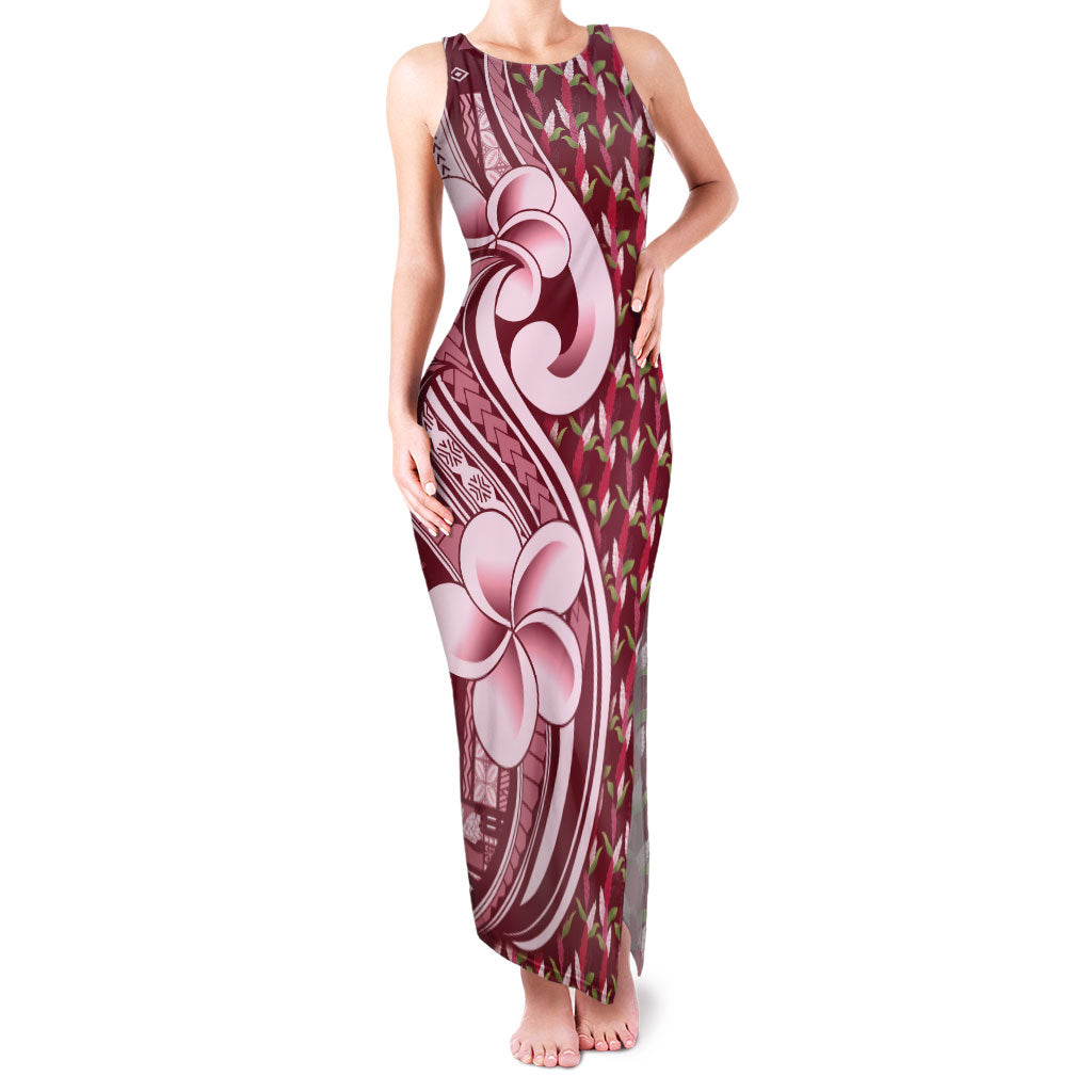 Samoa Teuila Family Matching Tank Maxi Dress and Hawaiian Shirt Maroon Samoan Siapo Motifs LT05 Mom's Dress Maroon - Polynesian Pride