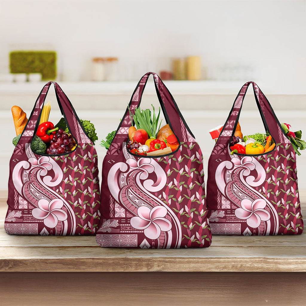 Samoa Teuila Grocery Bag Maroon Samoan Siapo Motifs LT05 3-pack One Size Maroon - Polynesian Pride