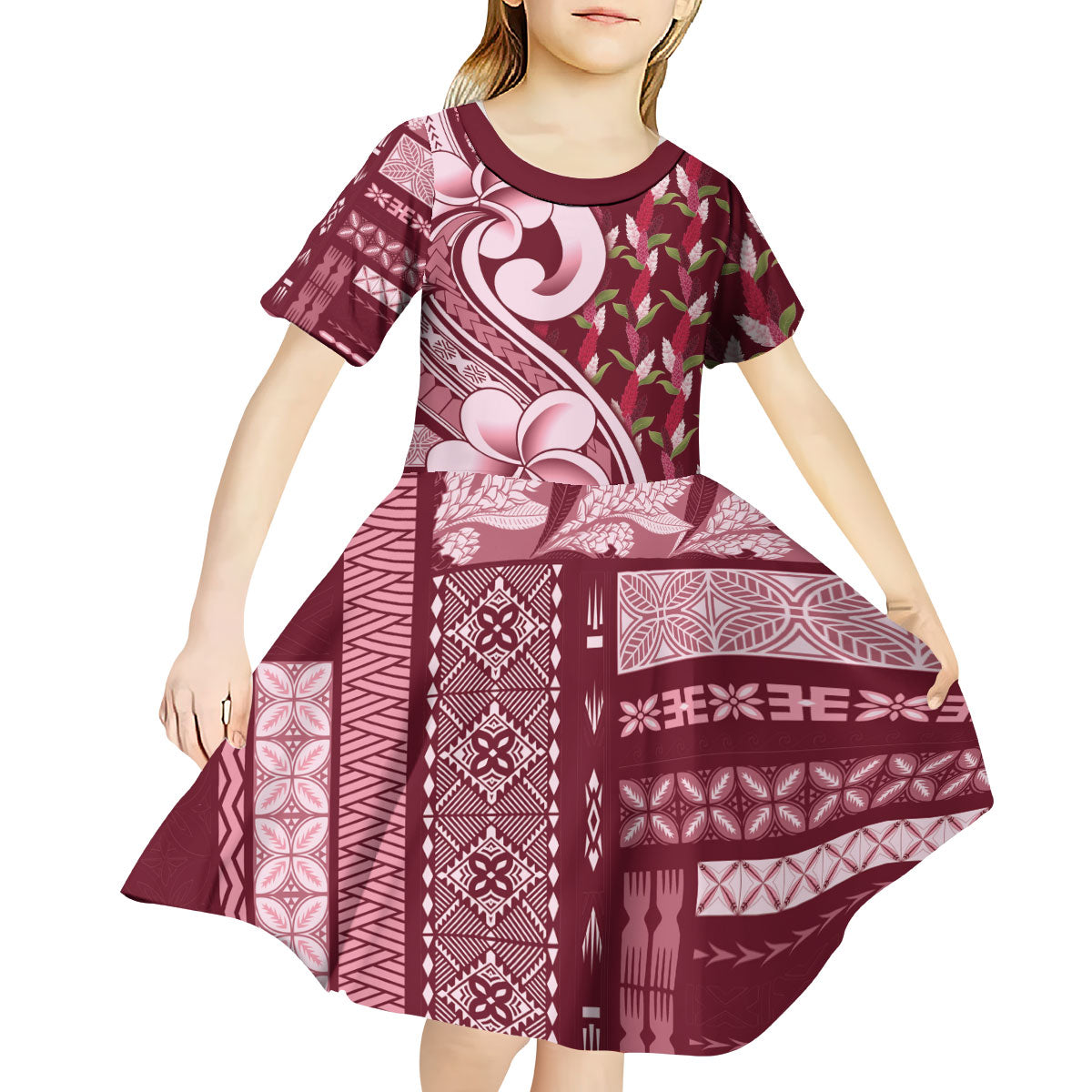 Samoa Teuila Kid Short Sleeve Dress Maroon Samoan Siapo Motifs LT05 - Polynesian Pride
