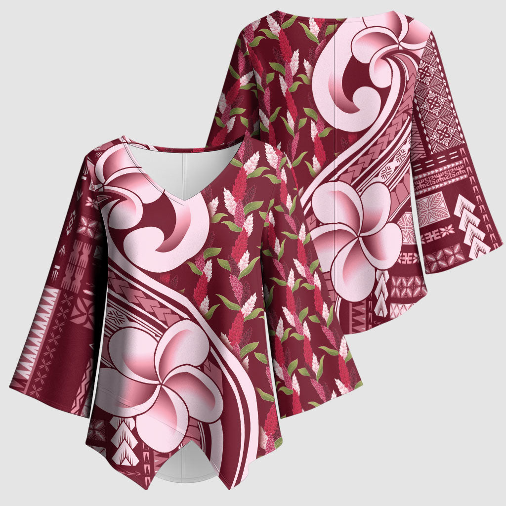 Samoa Teuila Kimono Sleeve Blouse Maroon Samoan Siapo Motifs LT05 - Polynesian Pride