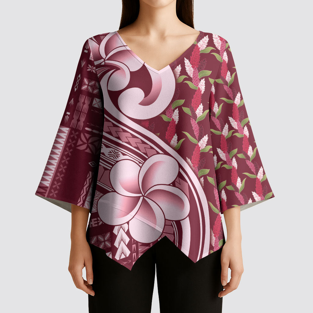 Samoa Teuila Kimono Sleeve Blouse Maroon Samoan Siapo Motifs LT05 - Polynesian Pride
