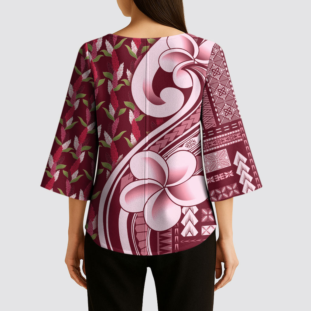 Samoa Teuila Kimono Sleeve Blouse Maroon Samoan Siapo Motifs LT05 - Polynesian Pride