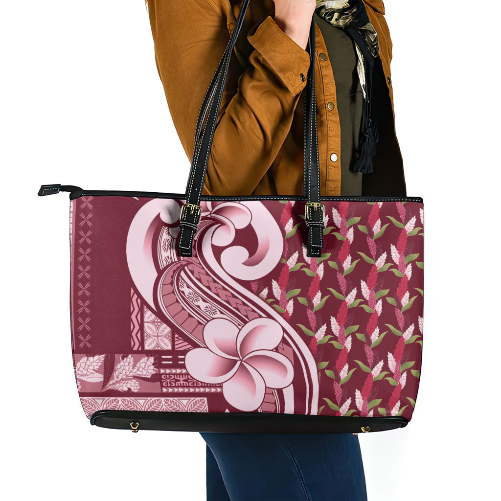 Samoa Teuila Leather Tote Bag Maroon Samoan Siapo Motifs LT05 - Polynesian Pride