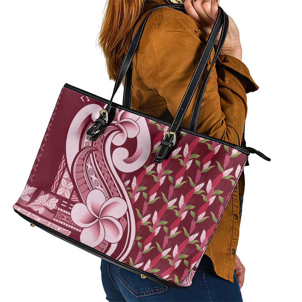 Samoa Teuila Leather Tote Bag Maroon Samoan Siapo Motifs LT05 - Polynesian Pride