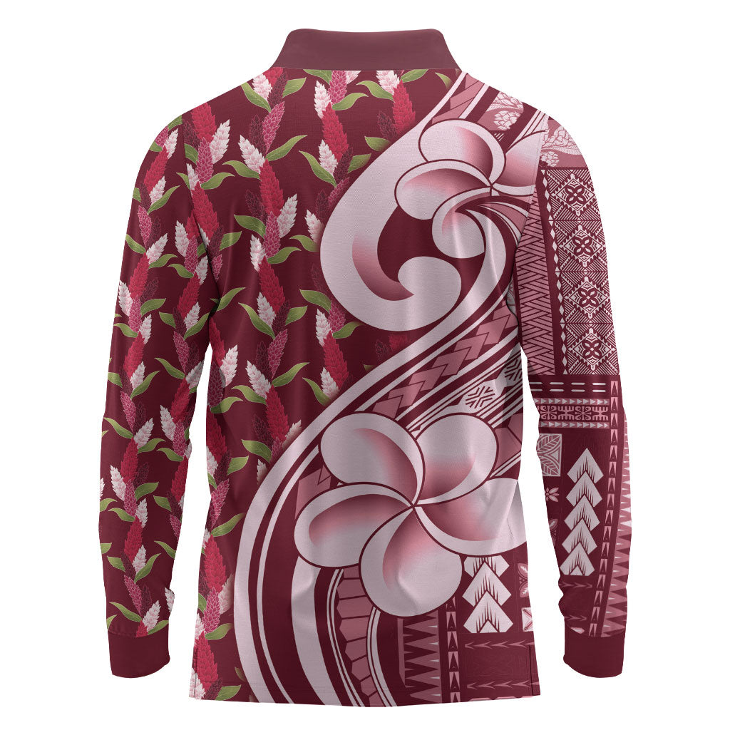 Samoa Teuila Long Sleeve Polo Shirt Maroon Samoan Siapo Motifs LT05 - Polynesian Pride