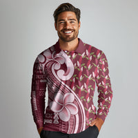 Samoa Teuila Long Sleeve Polo Shirt Maroon Samoan Siapo Motifs LT05 - Polynesian Pride