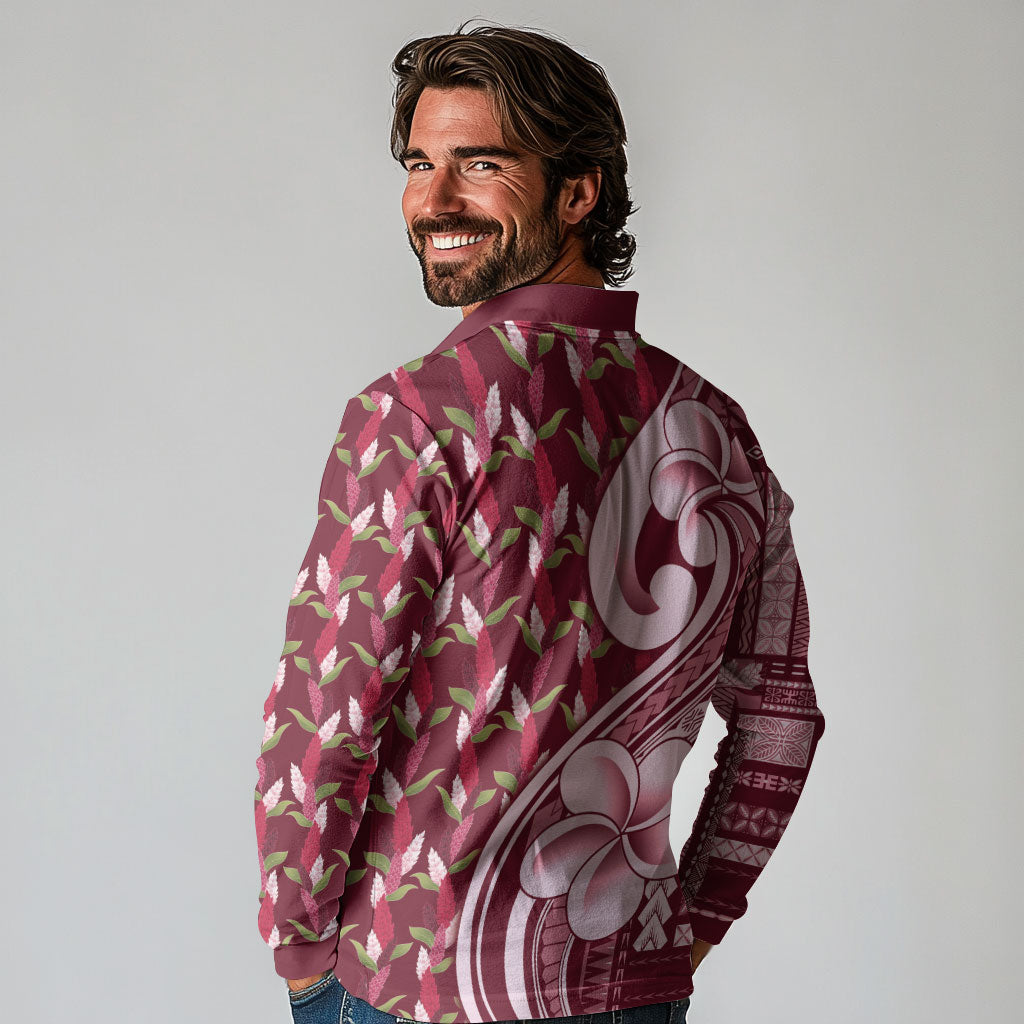 Samoa Teuila Long Sleeve Polo Shirt Maroon Samoan Siapo Motifs LT05 - Polynesian Pride