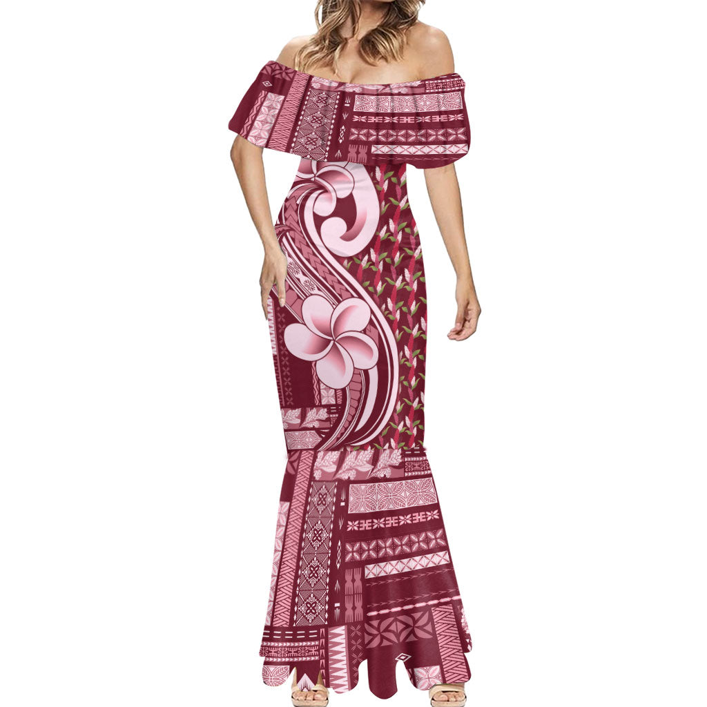 Samoa Teuila Mermaid Dress Maroon Samoan Siapo Motifs LT05 - Polynesian Pride