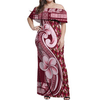 Samoa Teuila Off Shoulder Maxi Dress Maroon Samoan Siapo Motifs LT05 Women Maroon - Polynesian Pride
