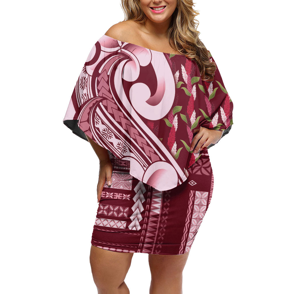 Samoa Teuila Off Shoulder Short Dress Maroon Samoan Siapo Motifs LT05 Women Maroon - Polynesian Pride