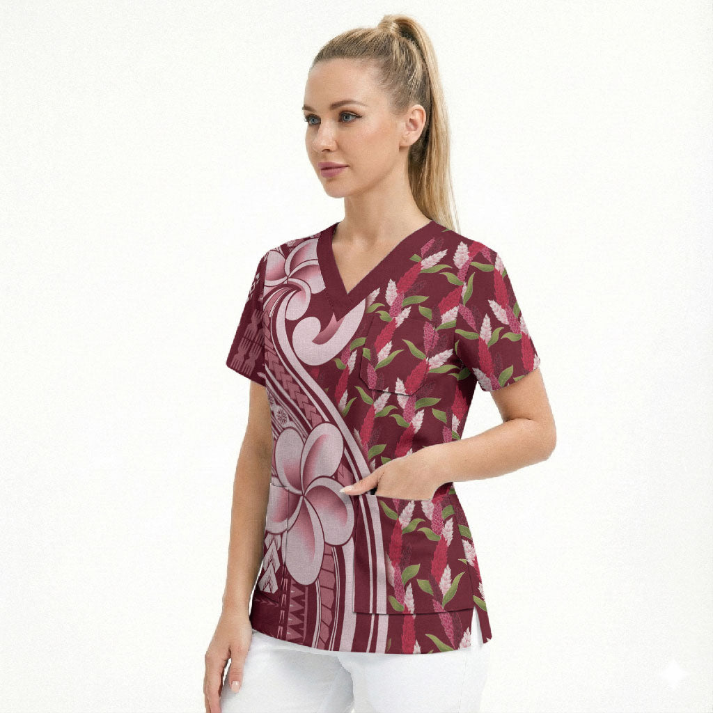 Samoa Teuila Scrub Top Maroon Samoan Siapo Motifs LT05 - Polynesian Pride
