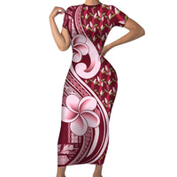 Samoa Teuila Short Sleeve Bodycon Dress Maroon Samoan Siapo Motifs LT05 Long Dress Maroon - Polynesian Pride