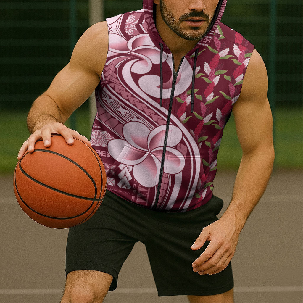 Samoa Teuila Sleeveless Zip Hoodie Maroon Samoan Siapo Motifs LT05 - Polynesian Pride