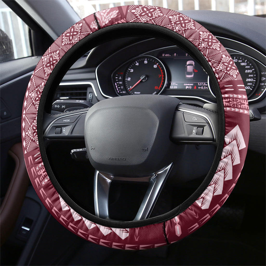 Samoa Teuila Steering Wheel Cover Maroon Samoan Siapo Motifs LT05 - Polynesian Pride