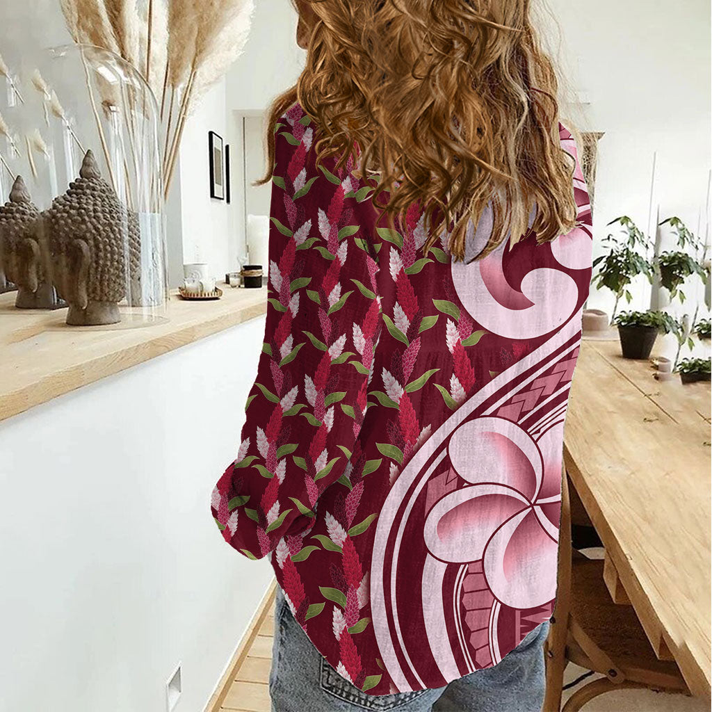 Samoa Teuila Women Casual Shirt Maroon Samoan Siapo Motifs LT05 - Polynesian Pride