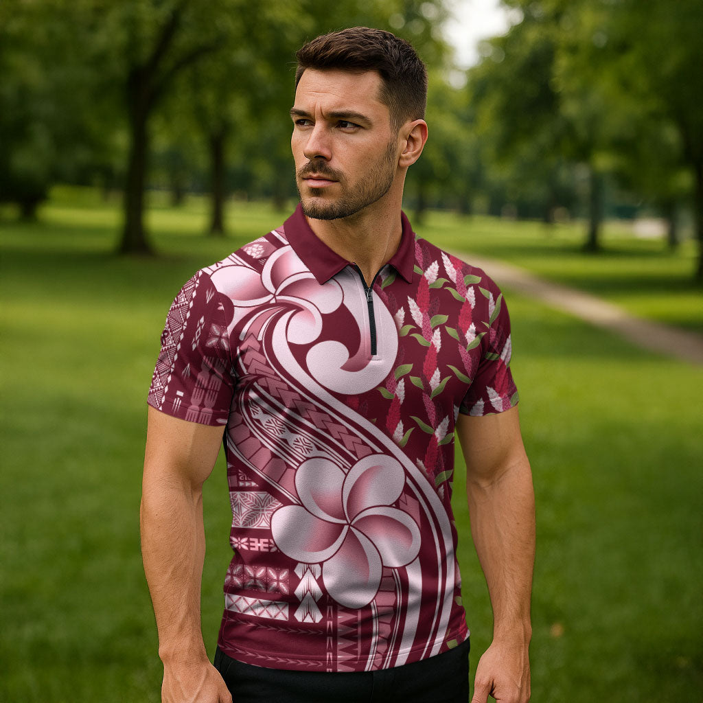 Samoa Teuila Zipper Polo Shirt Maroon Samoan Siapo Motifs LT05 - Polynesian Pride