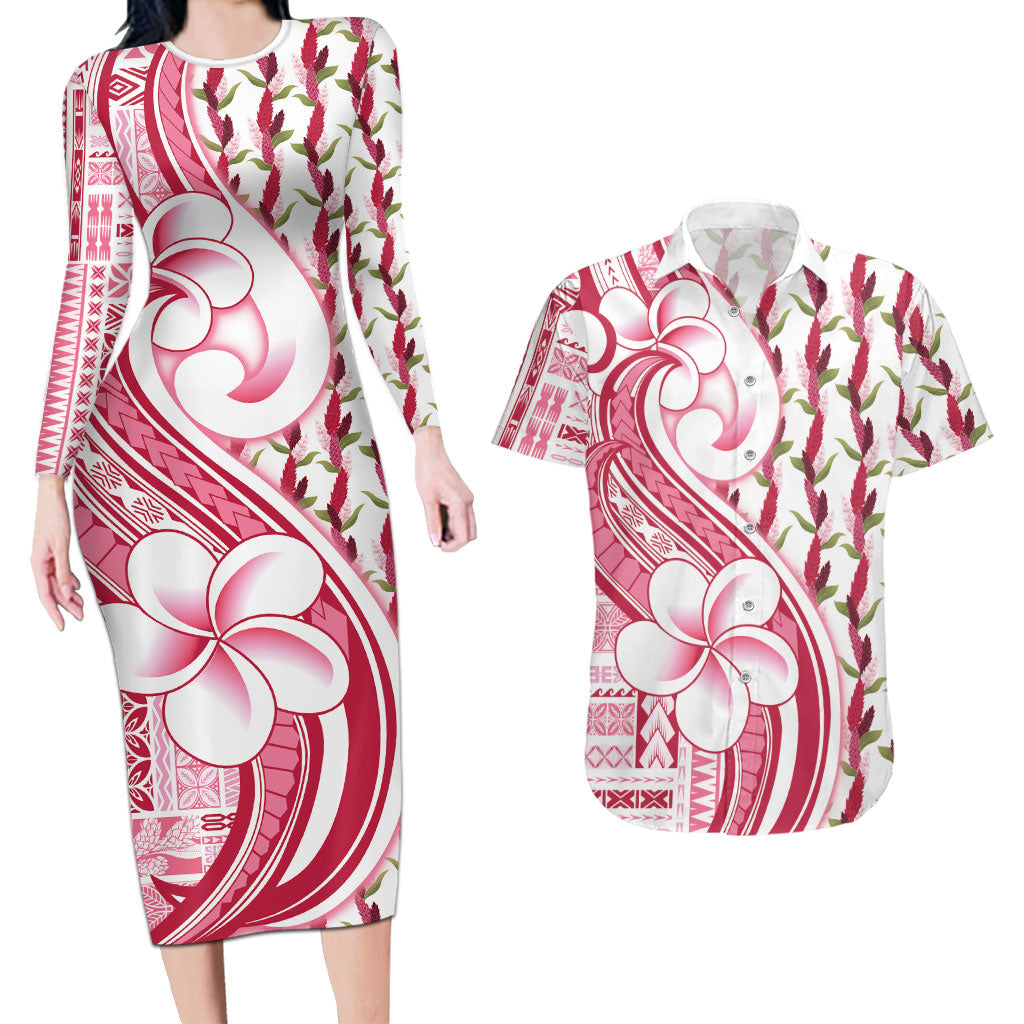 Samoa Teuila Couples Matching Long Sleeve Bodycon Dress and Hawaiian Shirt White Samoan Siapo Motifs LT05 White - Polynesian Pride