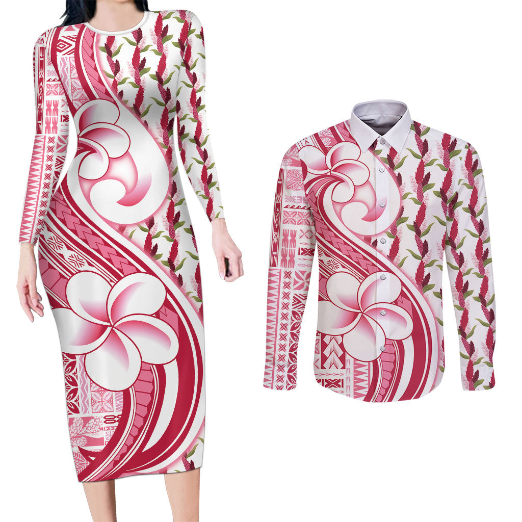 Samoa Teuila Couples Matching Long Sleeve Bodycon Dress and Long Sleeve Button Shirt White Samoan Siapo Motifs LT05 White - Polynesian Pride