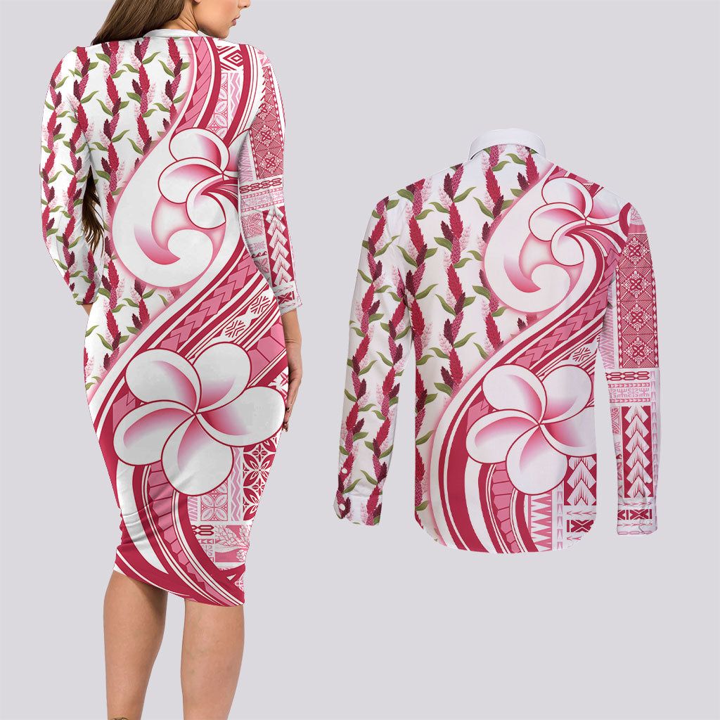 Samoa Teuila Couples Matching Long Sleeve Bodycon Dress and Long Sleeve Button Shirt White Samoan Siapo Motifs LT05 - Polynesian Pride
