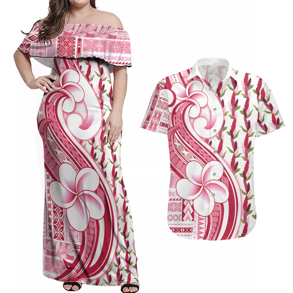Samoa Teuila Couples Matching Off Shoulder Maxi Dress and Hawaiian Shirt White Samoan Siapo Motifs LT05 White - Polynesian Pride