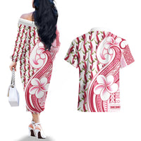 Samoa Teuila Couples Matching Off The Shoulder Long Sleeve Dress and Hawaiian Shirt White Samoan Siapo Motifs LT05 - Polynesian Pride