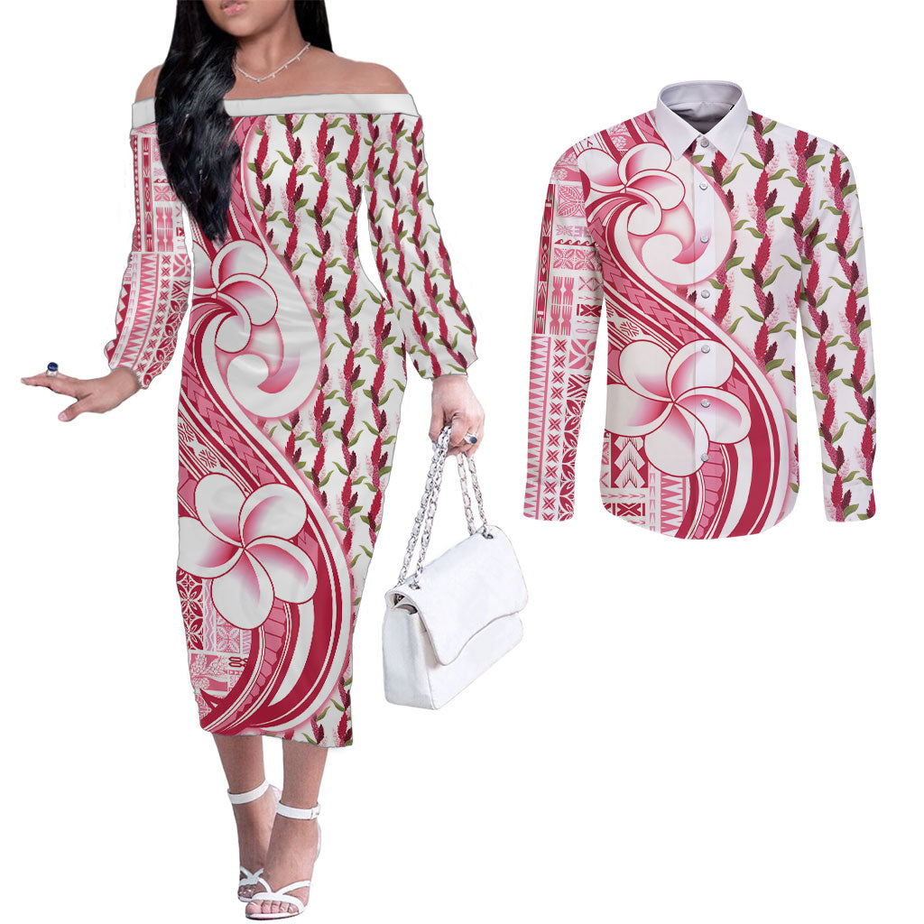 Samoa Teuila Couples Matching Off The Shoulder Long Sleeve Dress and Long Sleeve Button Shirt White Samoan Siapo Motifs LT05 White - Polynesian Pride