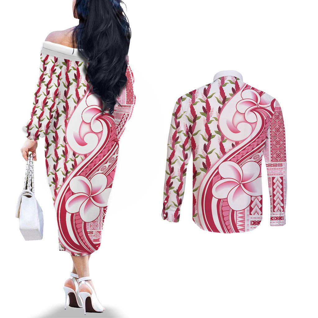 Samoa Teuila Couples Matching Off The Shoulder Long Sleeve Dress and Long Sleeve Button Shirt White Samoan Siapo Motifs LT05 - Polynesian Pride