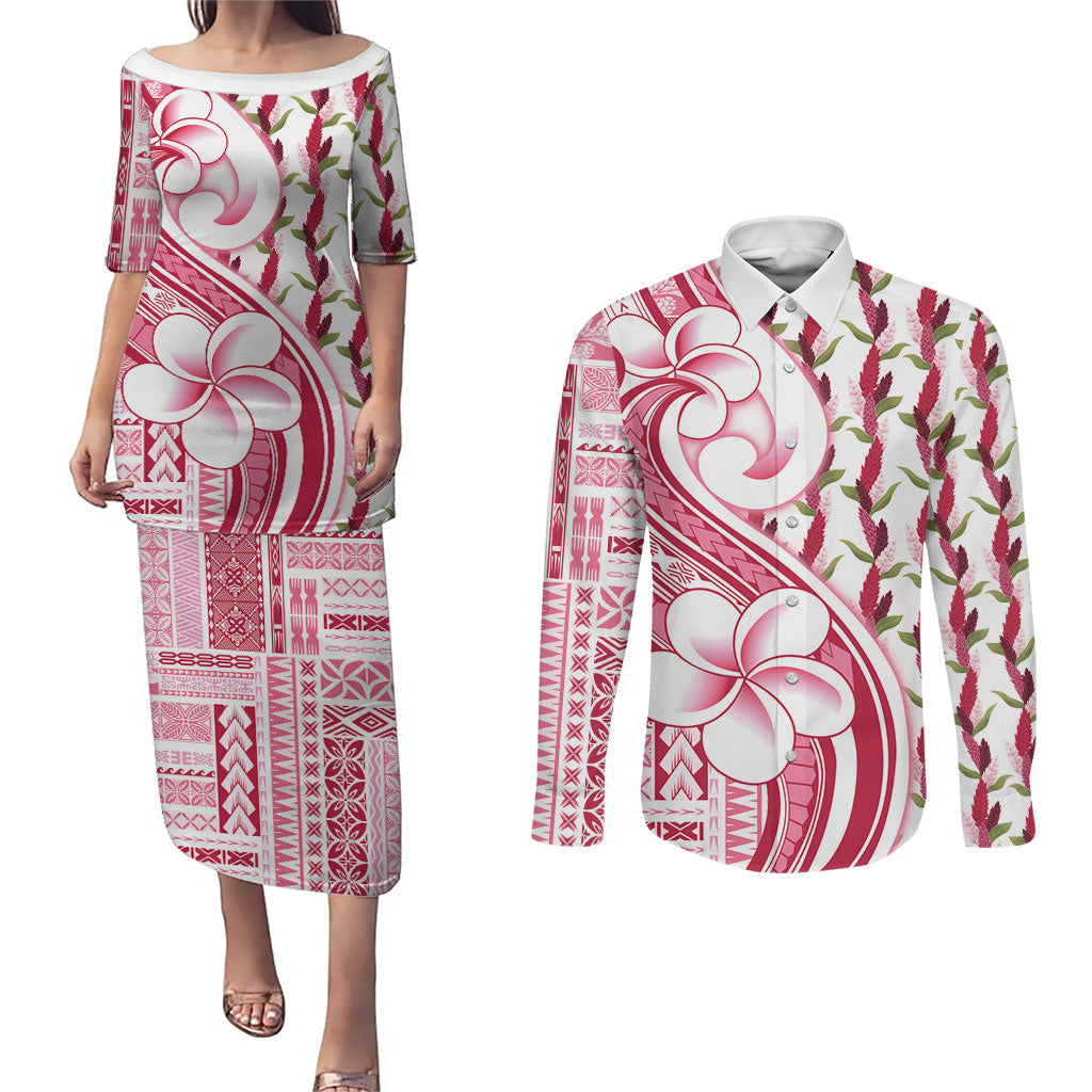 Samoa Teuila Couples Matching Puletasi and Long Sleeve Button Shirt White Samoan Siapo Motifs LT05 White - Polynesian Pride