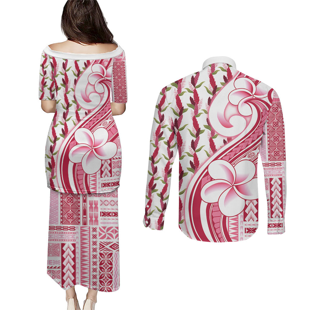 Samoa Teuila Couples Matching Puletasi and Long Sleeve Button Shirt White Samoan Siapo Motifs LT05 - Polynesian Pride