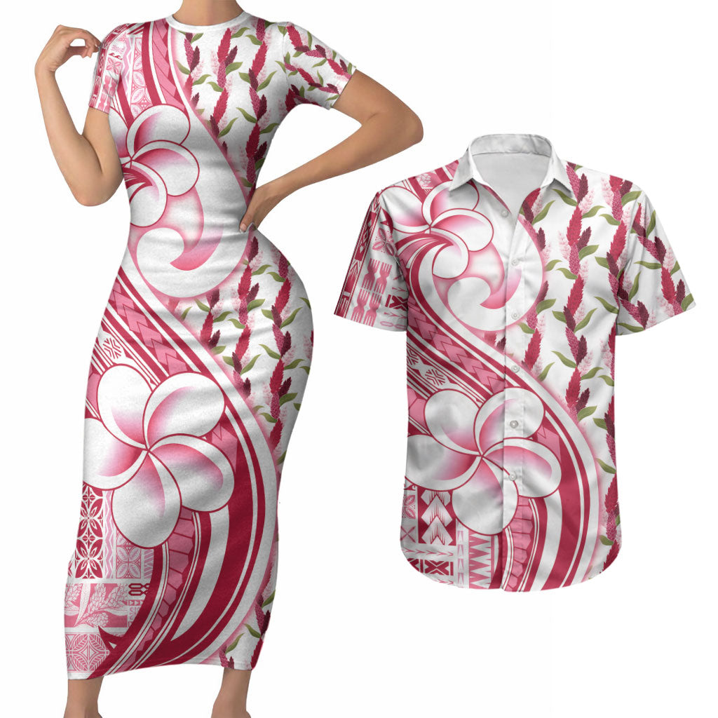 Samoa Teuila Couples Matching Short Sleeve Bodycon Dress and Hawaiian Shirt White Samoan Siapo Motifs LT05 White - Polynesian Pride