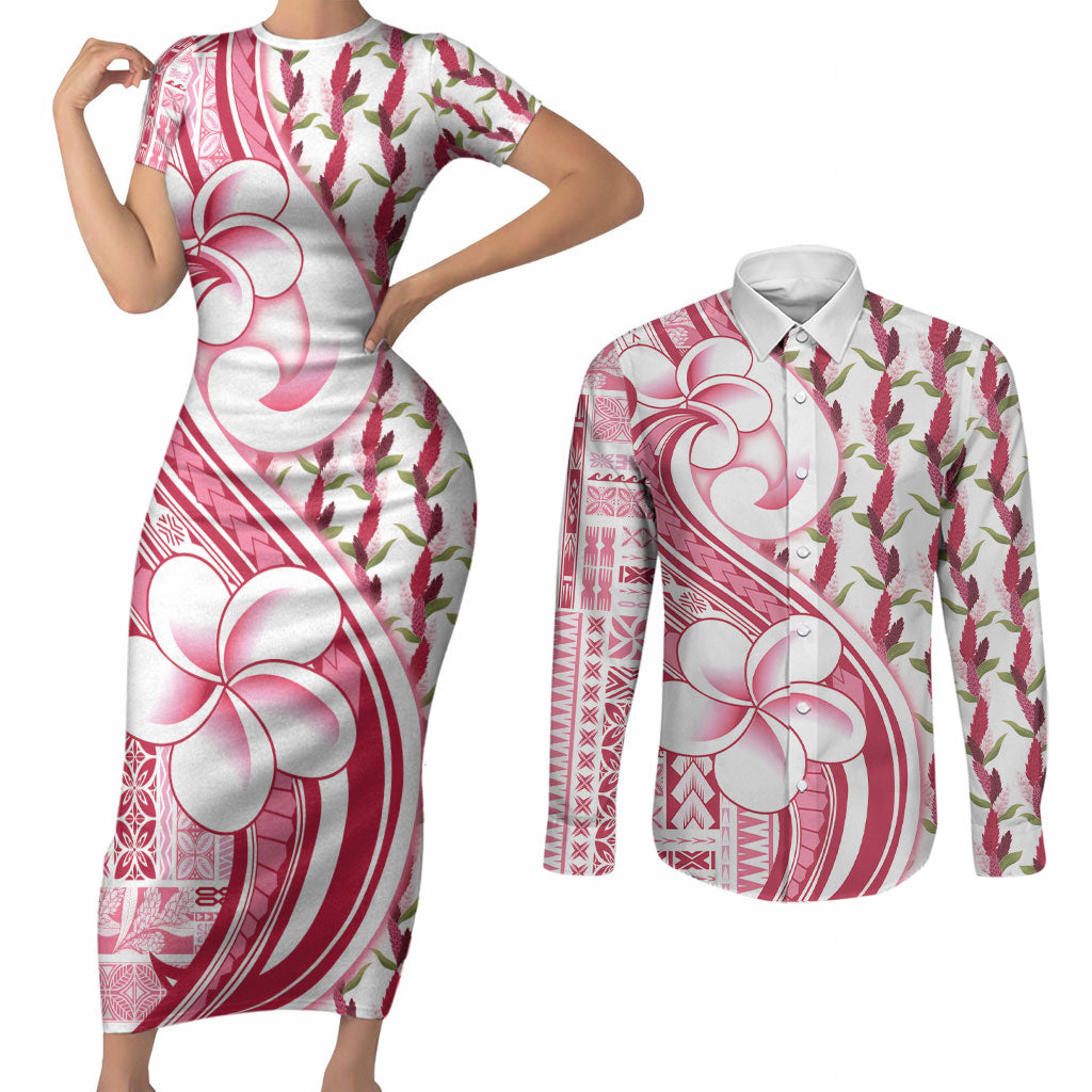 Samoa Teuila Couples Matching Short Sleeve Bodycon Dress and Long Sleeve Button Shirt White Samoan Siapo Motifs LT05 White - Polynesian Pride