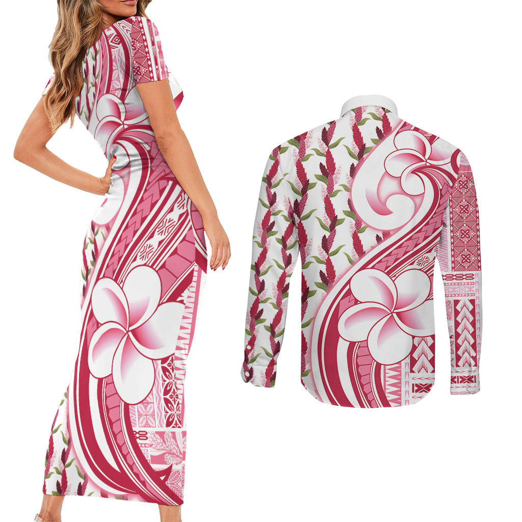 Samoa Teuila Couples Matching Short Sleeve Bodycon Dress and Long Sleeve Button Shirt White Samoan Siapo Motifs LT05 - Polynesian Pride