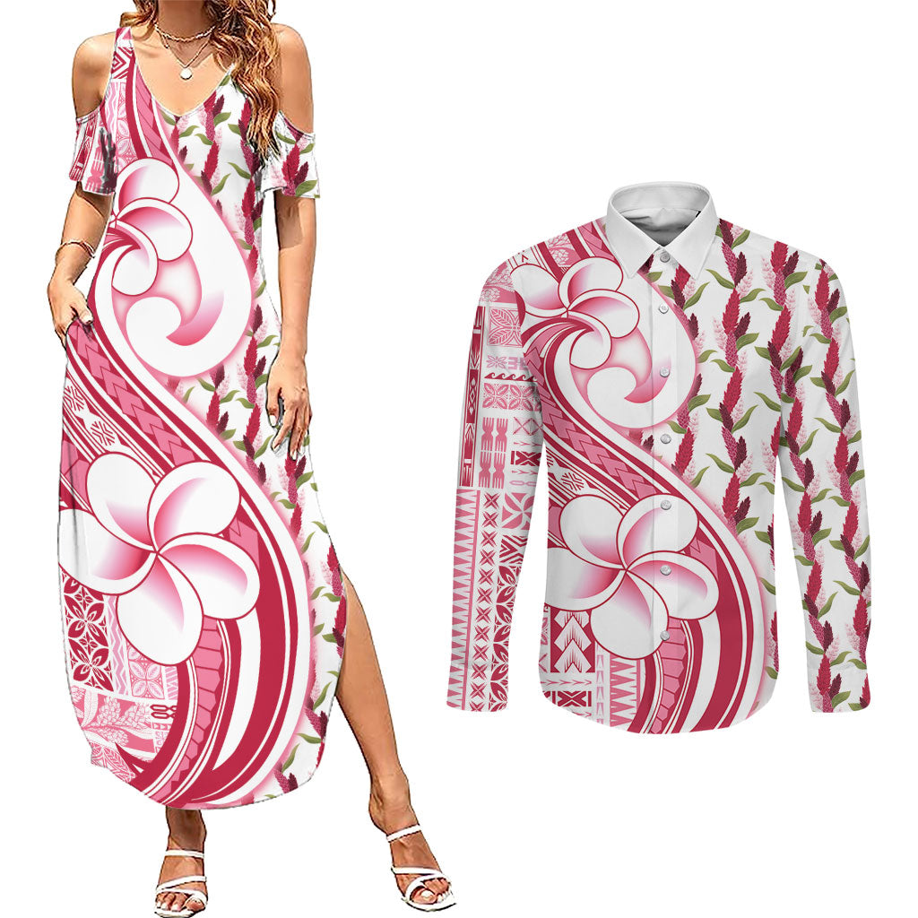 Samoa Teuila Couples Matching Summer Maxi Dress and Long Sleeve Button Shirt White Samoan Siapo Motifs LT05 White - Polynesian Pride