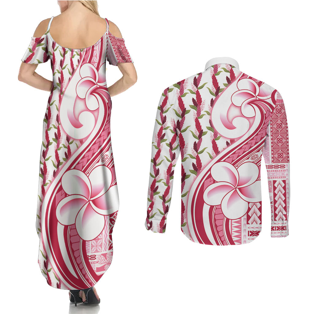 Samoa Teuila Couples Matching Summer Maxi Dress and Long Sleeve Button Shirt White Samoan Siapo Motifs LT05 - Polynesian Pride