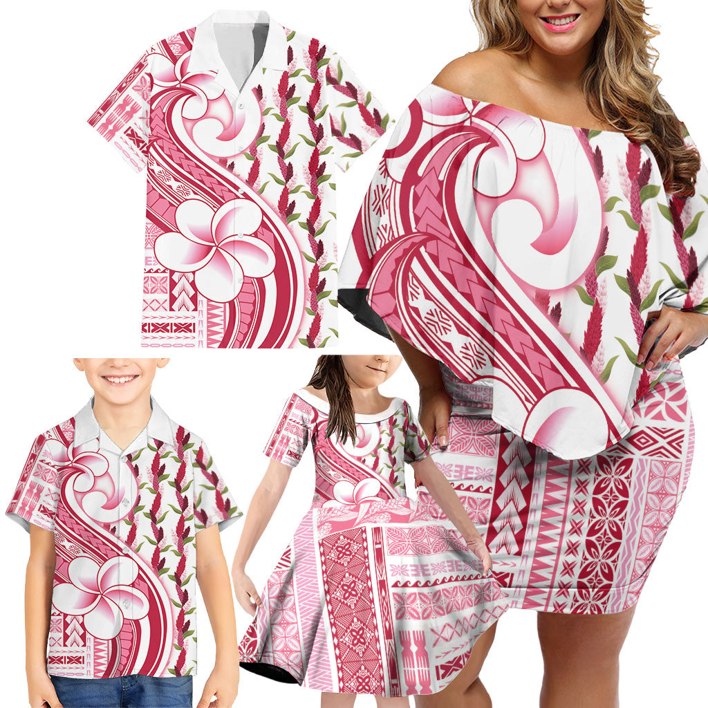 Samoa Teuila Family Matching Off Shoulder Short Dress and Hawaiian Shirt White Samoan Siapo Motifs LT05 - Polynesian Pride