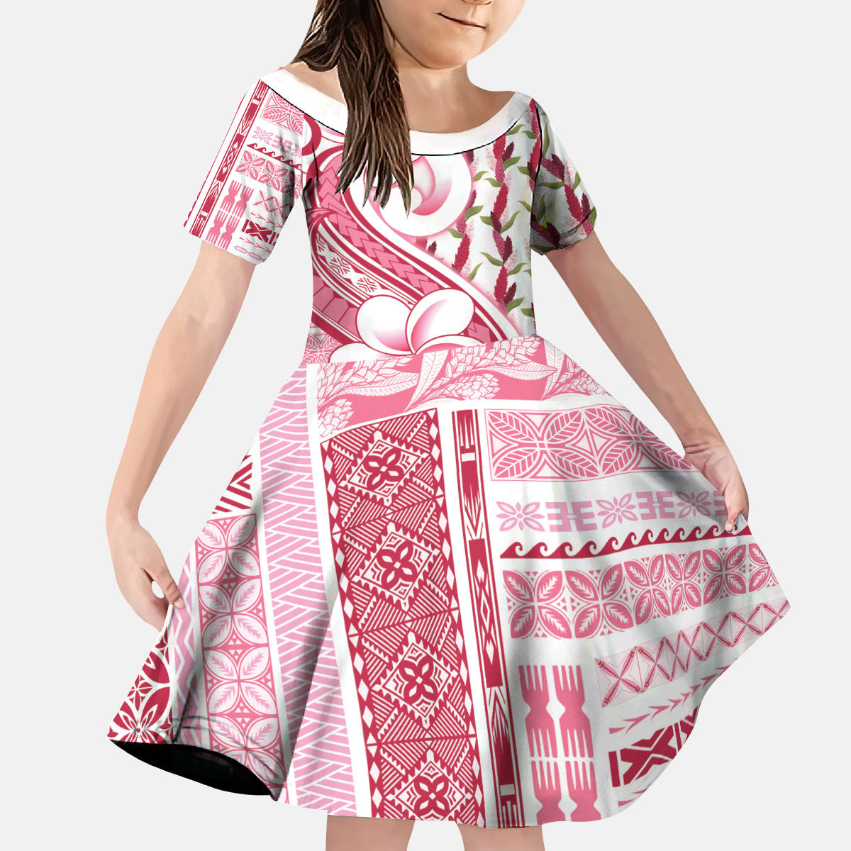 Samoa Teuila Kid Short Sleeve Dress White Samoan Siapo Motifs LT05 KID White - Polynesian Pride