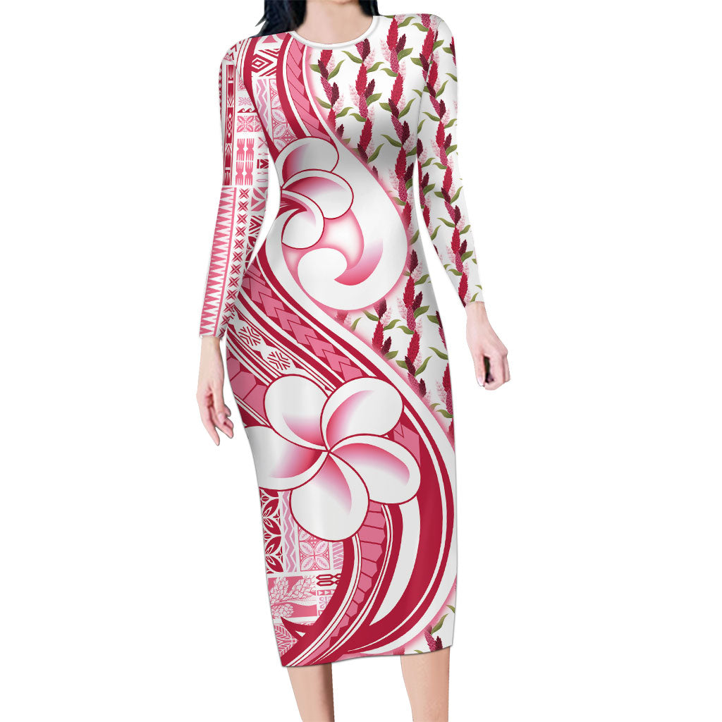 Samoa Teuila Long Sleeve Bodycon Dress White Samoan Siapo Motifs LT05 Long Dress White - Polynesian Pride