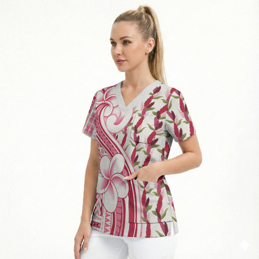 Samoa Teuila Scrub Top White Samoan Siapo Motifs LT05 - Polynesian Pride