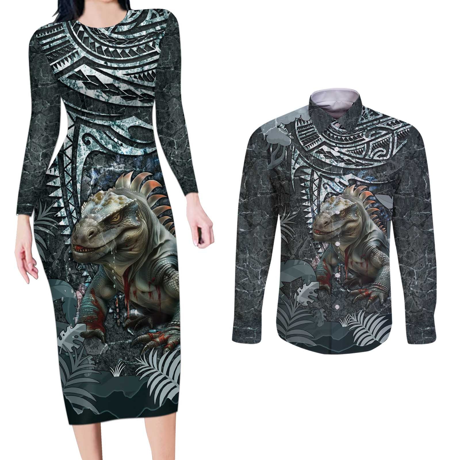 Hawaii Mo'o Lizard God Couples Matching Long Sleeve Bodycon Dress and Long Sleeve Button Shirt Polynesian Style