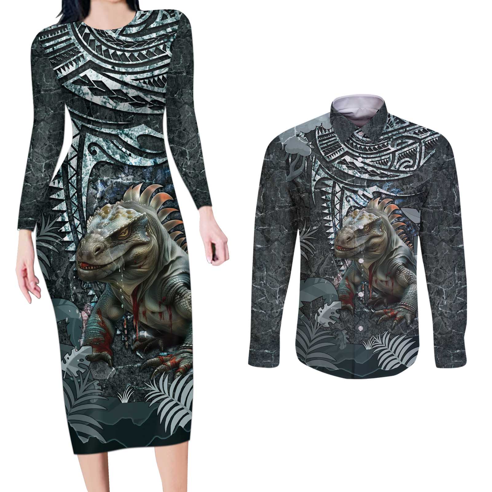 Hawaii Mo'o Lizard God Couples Matching Long Sleeve Bodycon Dress and Long Sleeve Button Shirt Polynesian Style