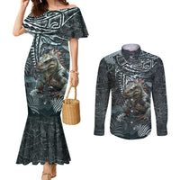 Hawaii Mo'o Lizard God Couples Matching Mermaid Dress and Long Sleeve Button Shirt Polynesian Style