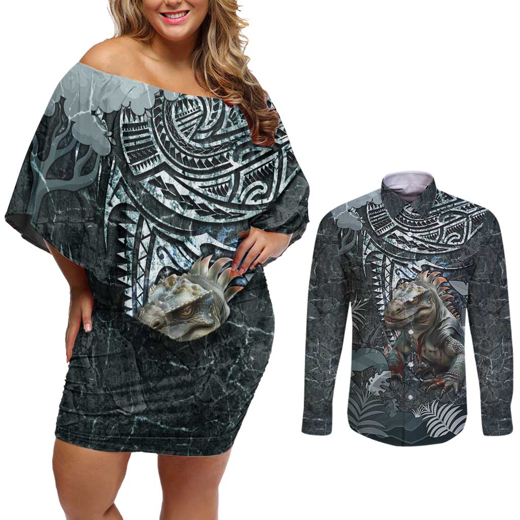Hawaii Mo'o Lizard God Couples Matching Off Shoulder Short Dress and Long Sleeve Button Shirt Polynesian Style