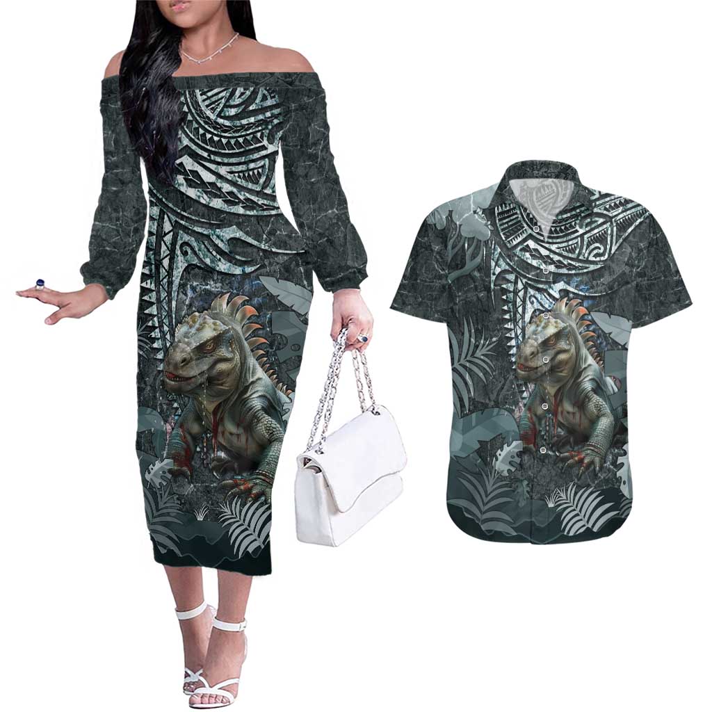 Hawaii Mo'o Lizard God Couples Matching Off The Shoulder Long Sleeve Dress and Hawaiian Shirt Polynesian Style