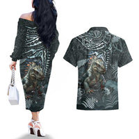 Hawaii Mo'o Lizard God Couples Matching Off The Shoulder Long Sleeve Dress and Hawaiian Shirt Polynesian Style