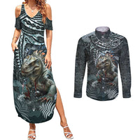 Hawaii Mo'o Lizard God Couples Matching Summer Maxi Dress and Long Sleeve Button Shirt Polynesian Style
