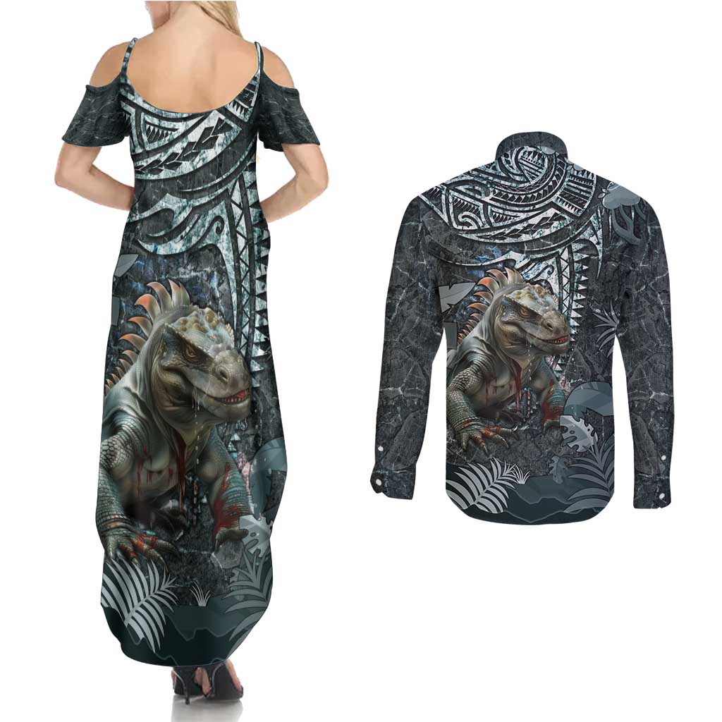 Hawaii Mo'o Lizard God Couples Matching Summer Maxi Dress and Long Sleeve Button Shirt Polynesian Style